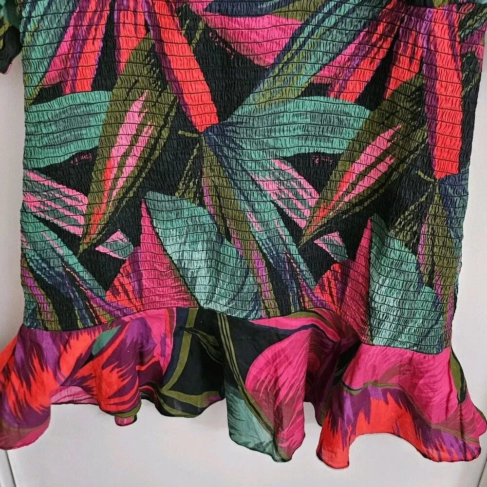 Farm Rio Midnight Leaves Mini‎ Dress Small Floral Print Smocked Short Sleeve